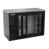 Beverage Air BBN48HC-GS-B 48" two sliding glass doors back bar cooler, with the doors open showing the interior