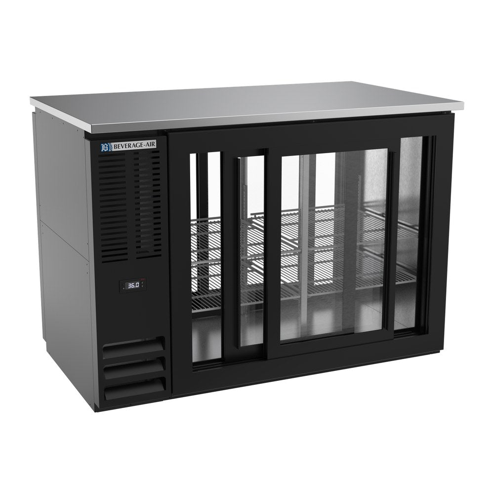 Beverage Air BBN48HC-GS-PT-B 48" four sliding glass doors back bar cooler, with the doors open showing the interior