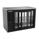 Beverage Air BBN48HC-GS-PT-B 48" four sliding glass doors back bar cooler, with the doors open showing the interior