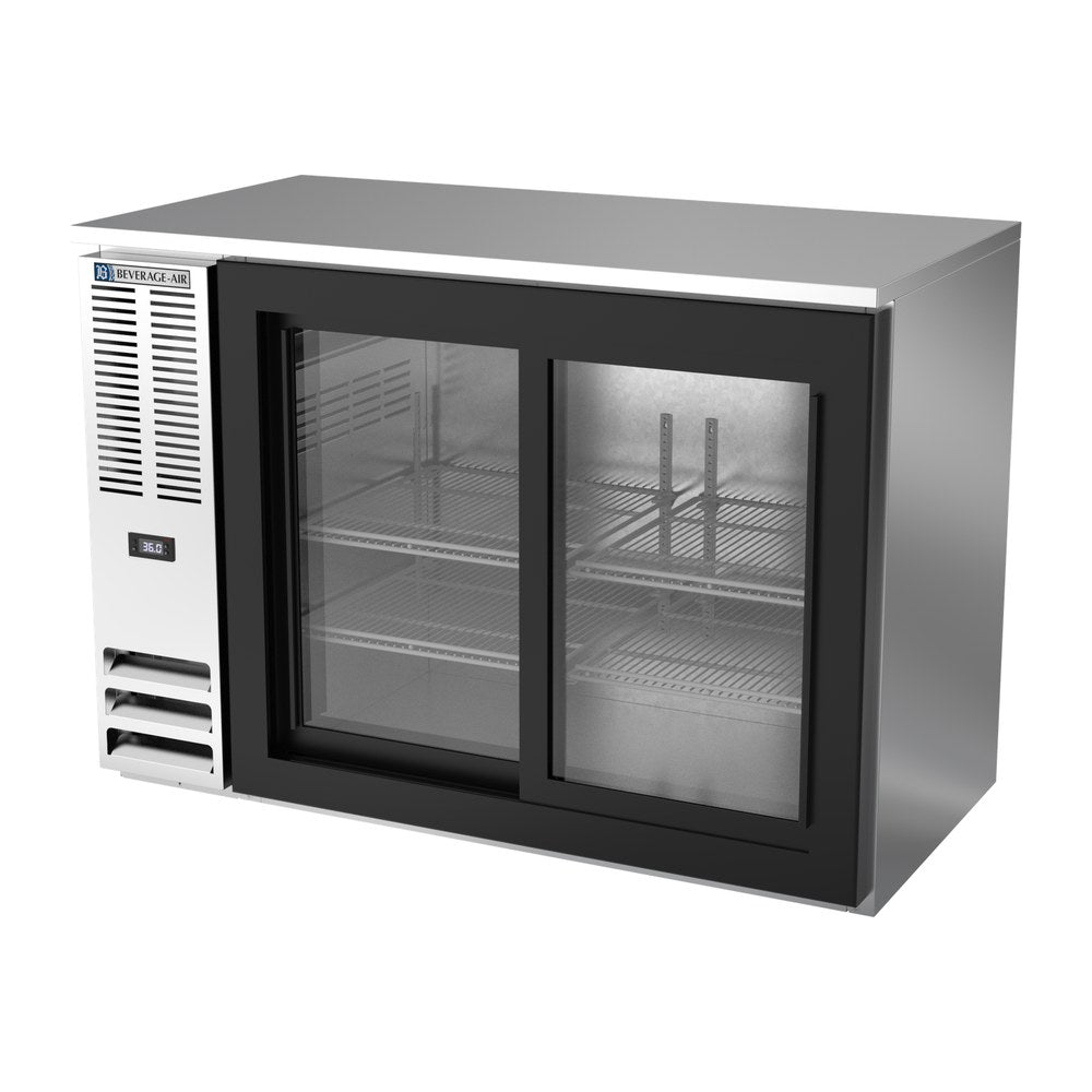 Beverage Air BBN48HC-GS-S 48" two sliding glass doors back bar cooler, side angle view, doors closed