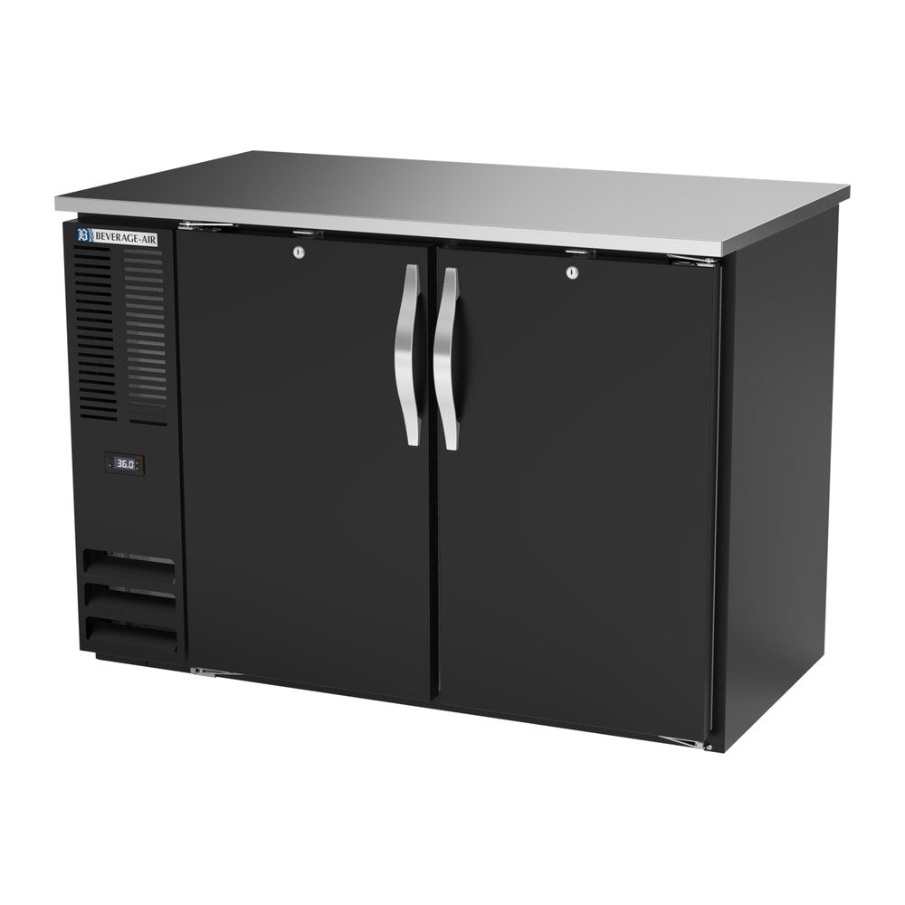 Beverage Air BBN48HC-PT-B 48" four solid doors back bar cooler, side angle view, doors closed