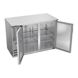 Beverage Air BBN48HC-S 48" two solid doors back bar cooler, with the doors open showing the interior