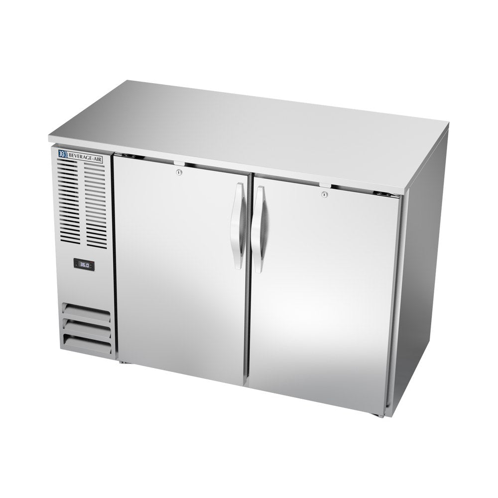 Beverage Air BBN48HC-S 48" two solid doors back bar cooler, side angle view, doors closed