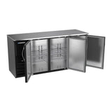 Beverage Air BBN72HC-B 72" three solid doors back bar cooler, with the doors open showing the interior