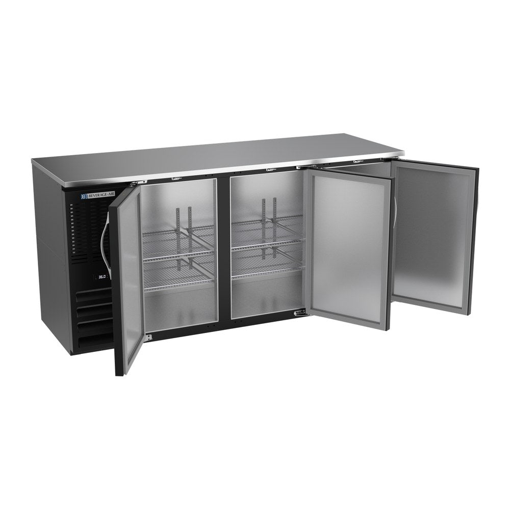 Beverage Air BBN72HC-F-B 72" three solid doors back bar cooler, with the doors open showing the interior