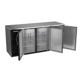 Beverage Air BBN72HC-F-B 72" three solid doors back bar cooler, with the doors open showing the interior