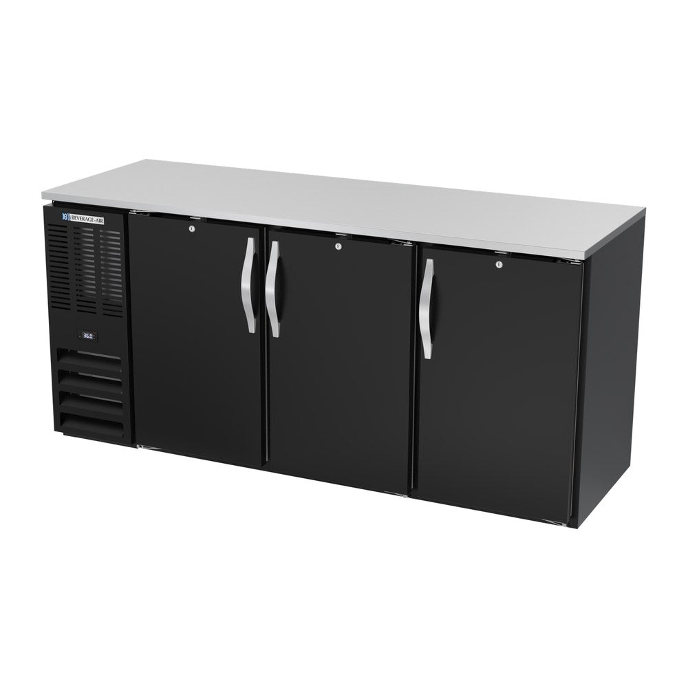 Beverage Air BBN72HC-F-B 72" three solid doors back bar cooler, side angle view, doors closed