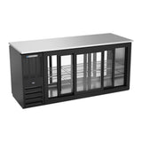 Beverage Air BBN72HC-F-GS-PT-B 72" six sliding glass doors back bar cooler, with the doors open showing the interior