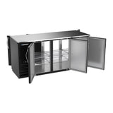 Beverage Air BBN72HC-F-PT-B 72" six solid doors back bar cooler, with the doors open showing the interior