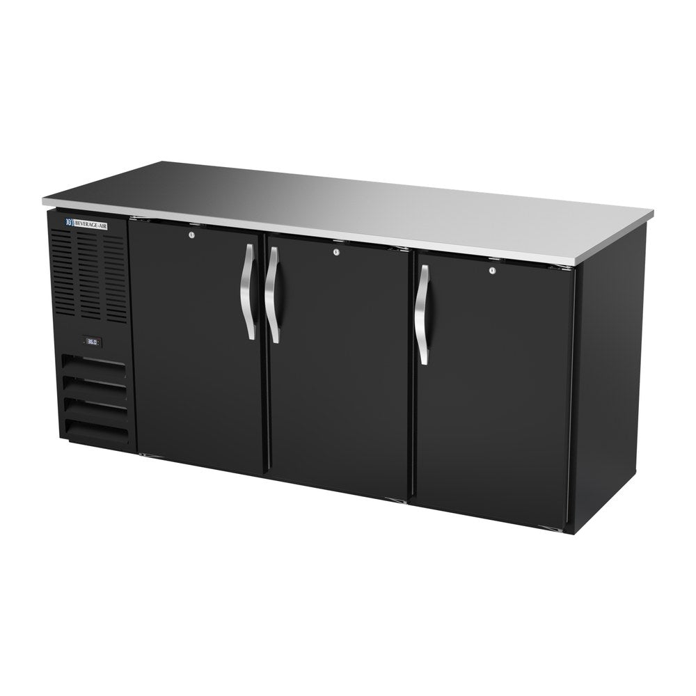 Beverage Air BBN72HC-F-PT-B 72" six solid doors back bar cooler, side angle view, doors closed