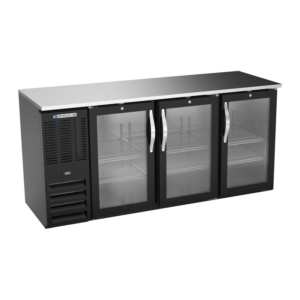 Beverage Air BBN72HC-FG-B 72" three glass doors back bar cooler, front view, doors closed