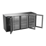 Beverage Air BBN72HC-FG-B 72" three glass doors back bar cooler, with the doors open showing the interior