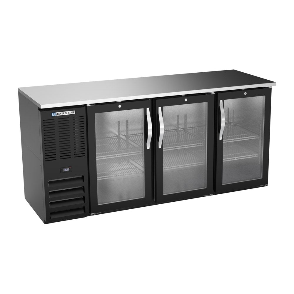 Beverage Air BBN72HC-G-B 72" three glass doors back bar cooler, front view, doors closed