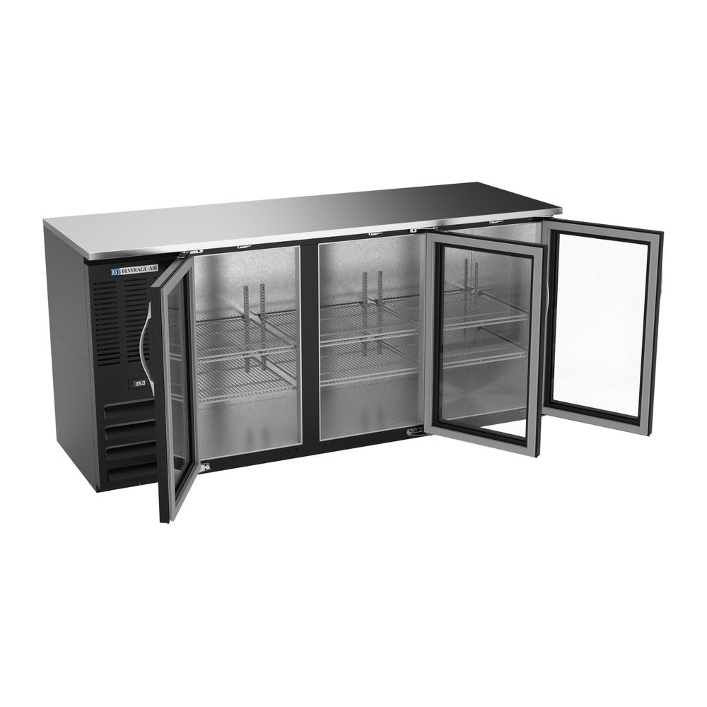 Beverage Air BBN72HC-G-B 72" three glass doors back bar cooler, with the doors open showing the interior