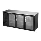 Beverage Air BBN72HC-G-B 72" three glass doors back bar cooler, side angle view, doors closed