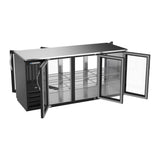 Beverage Air BBN72HC-G-PT-B 72" six glass doors back bar cooler, with the doors open showing the interior