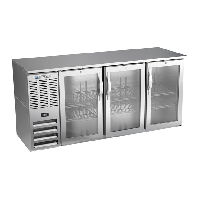 Beverage Air BBN72HC-G-S 72" three glass doors back bar cooler, front view, doors closed