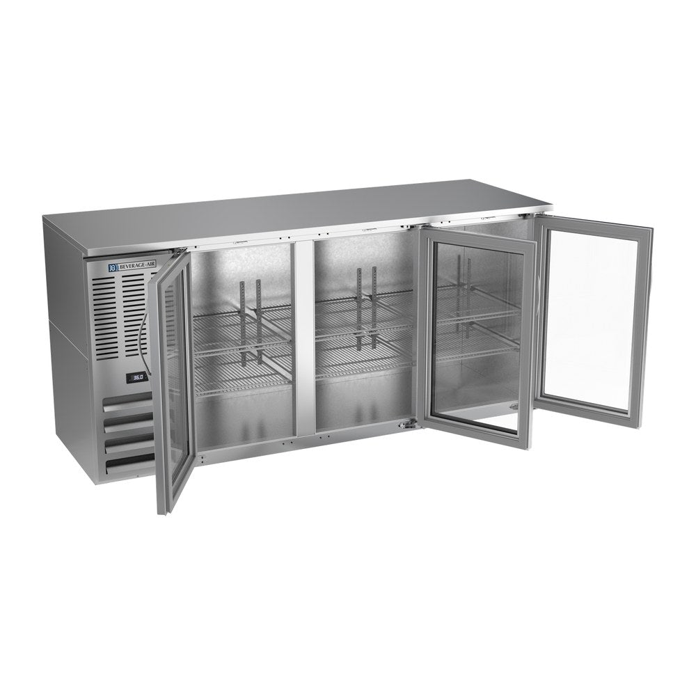 Beverage Air BBN72HC-G-S 72" three glass doors back bar cooler, with the doors open showing the interior