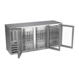 Beverage Air BBN72HC-G-S 72" three glass doors back bar cooler, with the doors open showing the interior