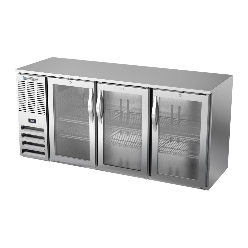 Beverage Air BBN72HC-G-S 72" three glass doors back bar cooler, side angle view, doors closed