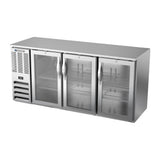 Beverage Air BBN72HC-G-S 72" three glass doors back bar cooler, side angle view, doors closed