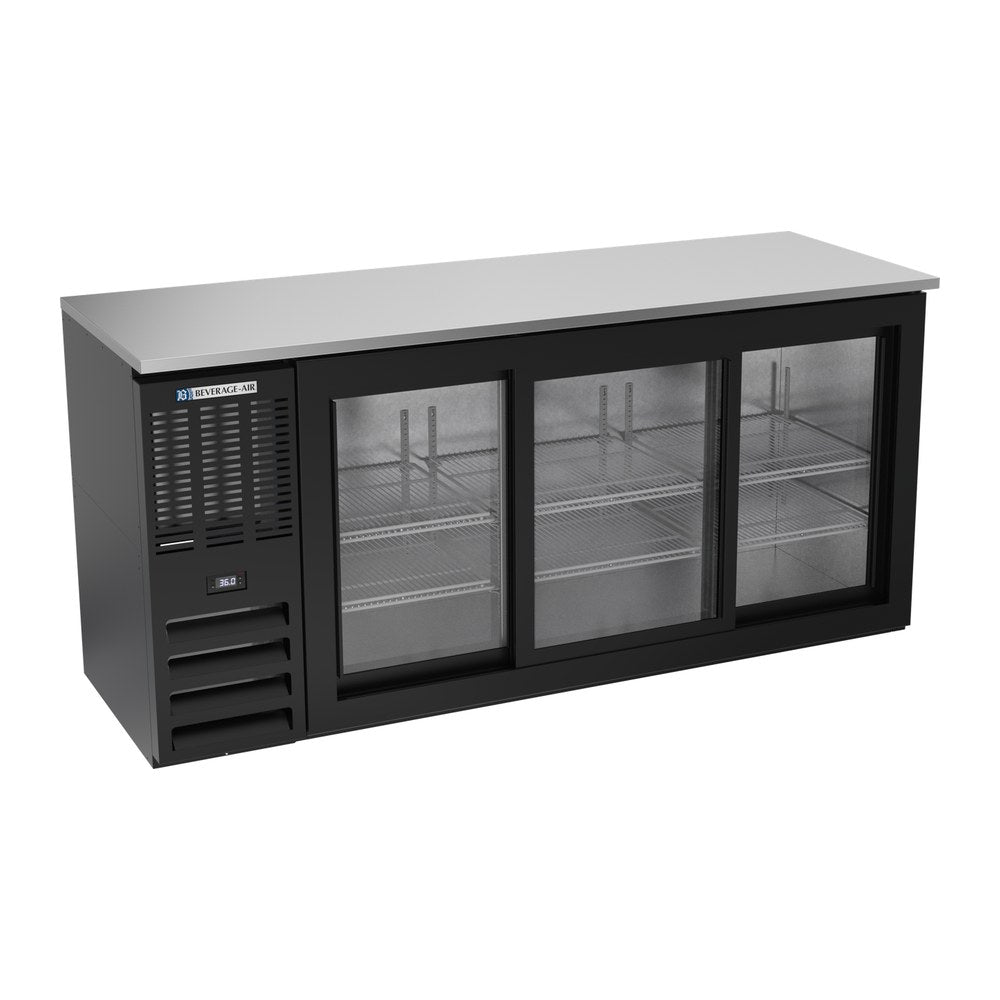 Beverage Air BBN72HC-GS-B 72" three sliding glass doors back bar cooler, front view, doors closed