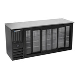 Beverage Air BBN72HC-GS-B 72" three sliding glass doors back bar cooler, with the doors open showing the interior