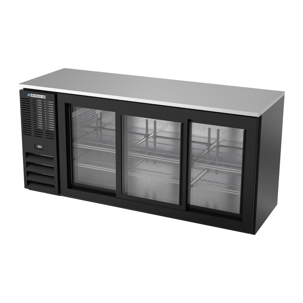 Beverage Air BBN72HC-GS-B 72" three sliding glass doors back bar cooler, side angle view, doors closed