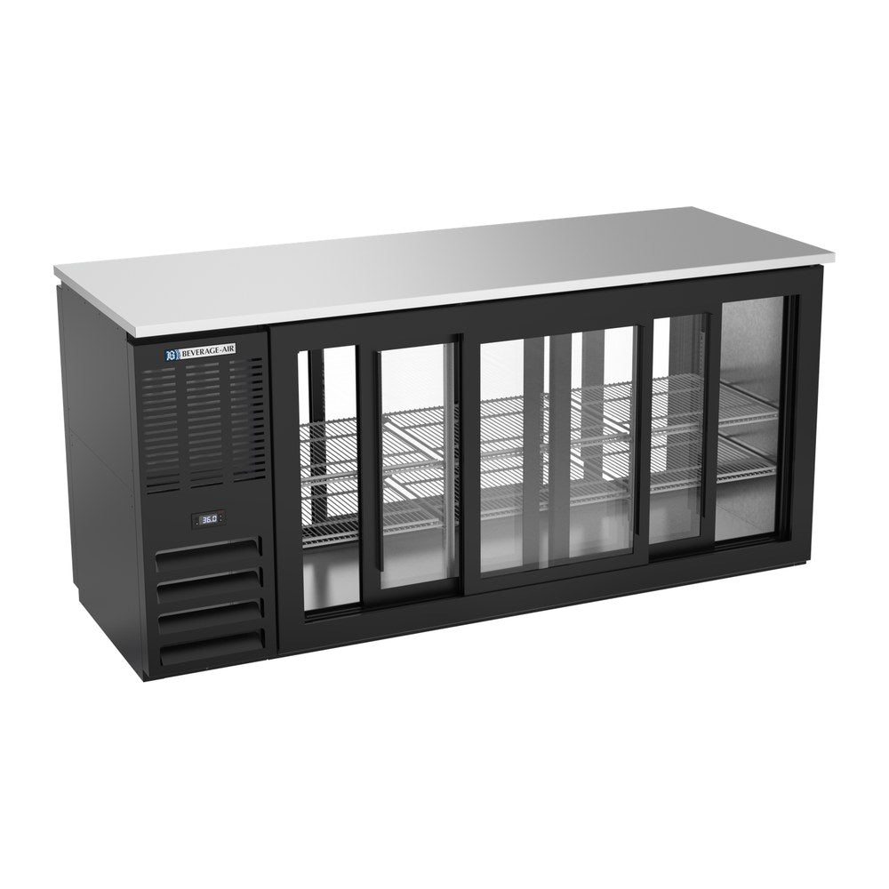 Beverage Air BBN72HC-GS-PT-B 72" six sliding glass doors back bar cooler, with the doors open showing the interior