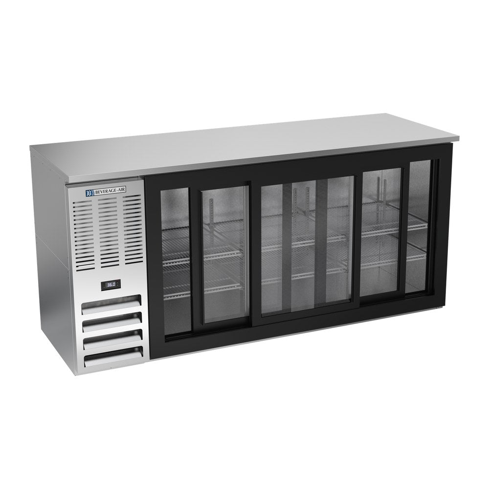 Beverage Air BBN72HC-GS-S 72" three sliding glass doors back bar cooler, with the doors open showing the interior