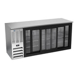 Beverage Air BBN72HC-GS-S 72" three sliding glass doors back bar cooler, with the doors open showing the interior