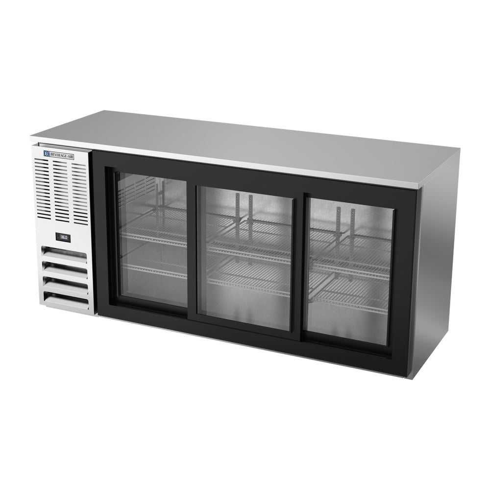 Beverage Air BBN72HC-GS-S 72" three sliding glass doors back bar cooler, side angle view, doors closed