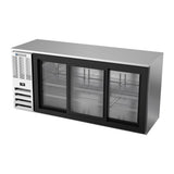 Beverage Air BBN72HC-GS-S 72" three sliding glass doors back bar cooler, side angle view, doors closed