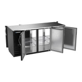 Beverage Air BBN72HC-PT-B 72" six solid doors back bar cooler, with the doors open showing the interior