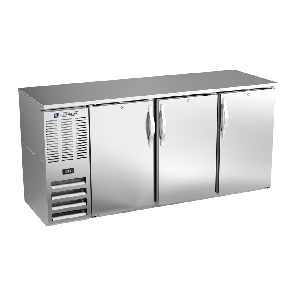 Beverage Air BBN72HC-S 72" three solid doors back bar cooler, front view, doors closed