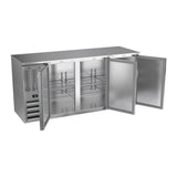 Beverage Air BBN72HC-S 72" three solid doors back bar cooler, with the doors open showing the interior