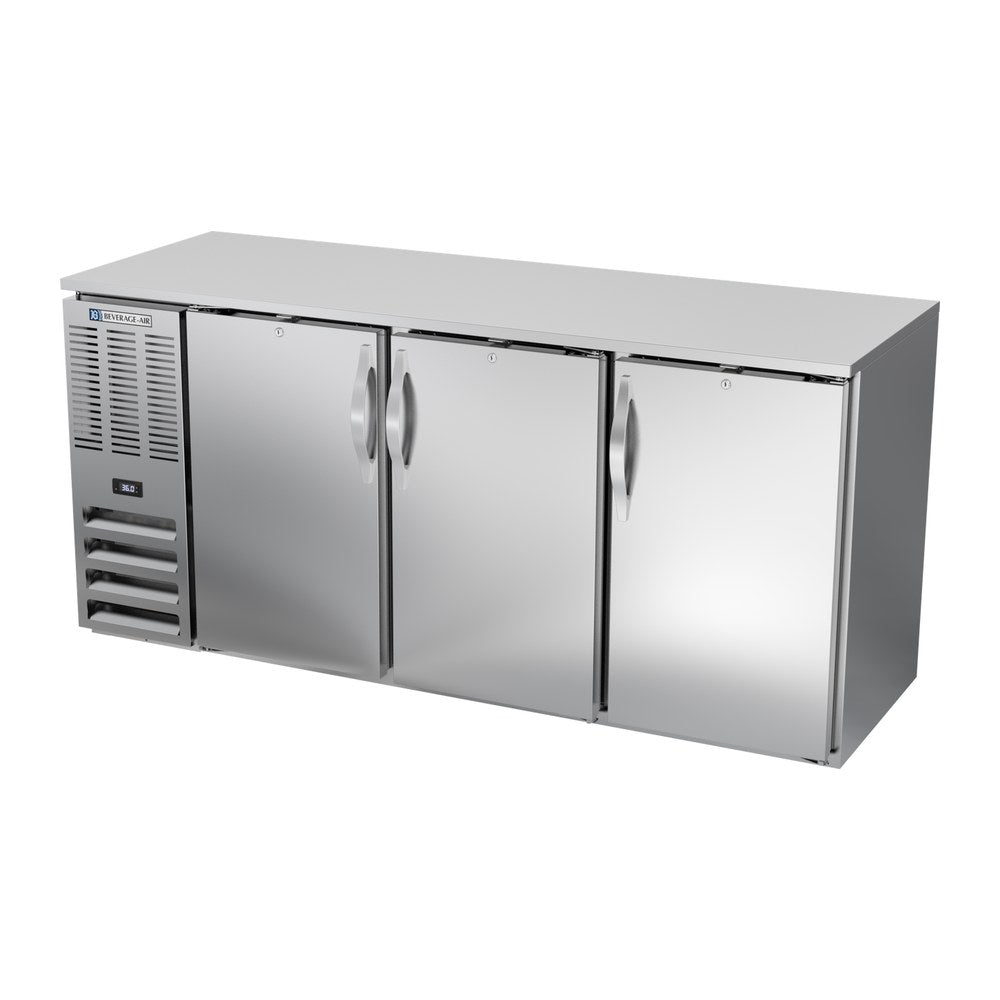 Beverage Air BBN72HC-S 72" three solid doors back bar cooler, side angle view, doors closed