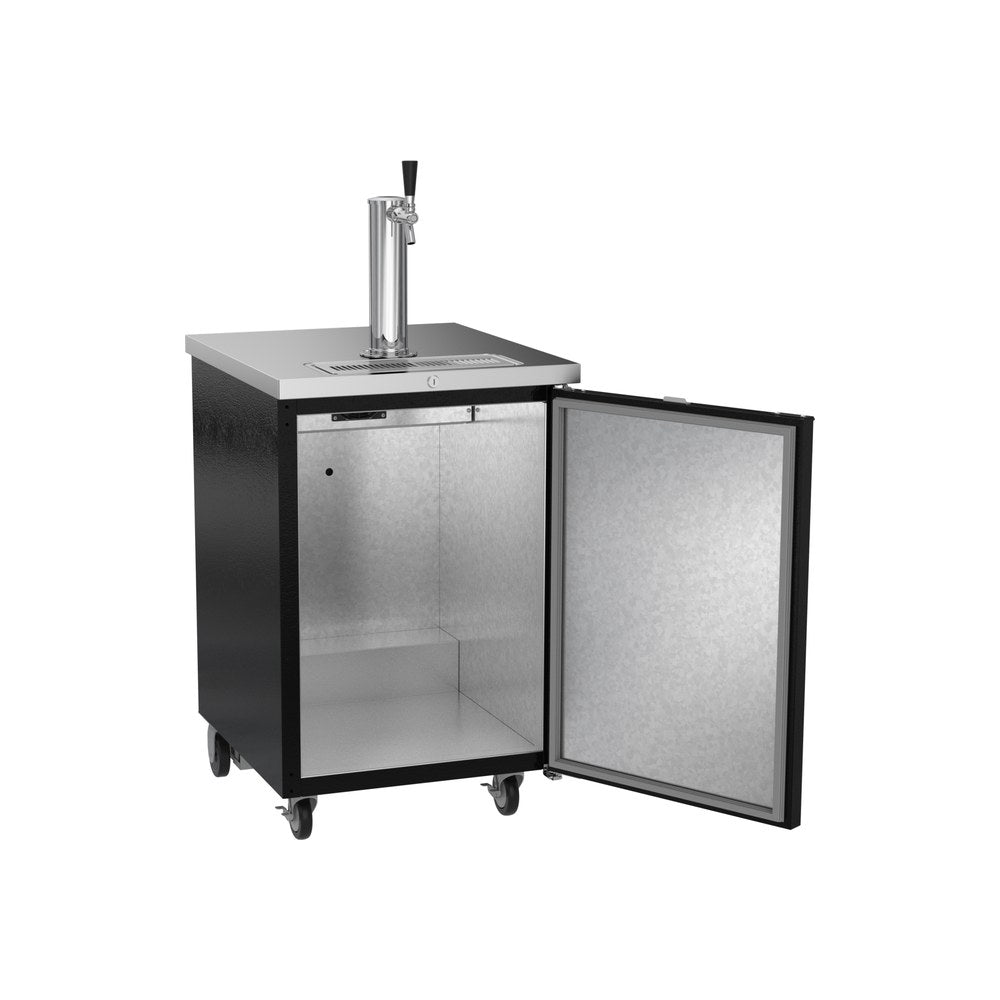 Beverage Air DD24HC-1-B 24" one solid door beer dispenser, with the door open showing the interior