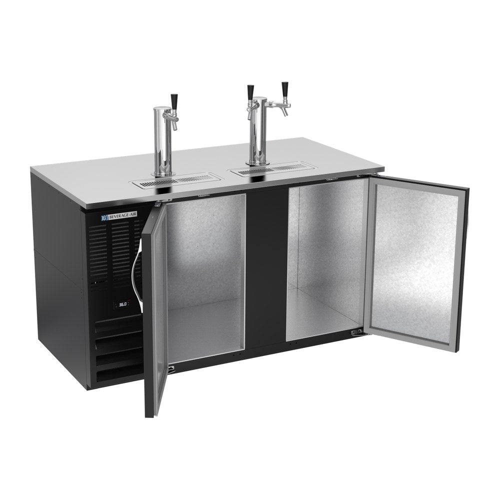 Beverage Air DD58HC-B 58" two solid doors beer dispenser, with the doors open showing the interior