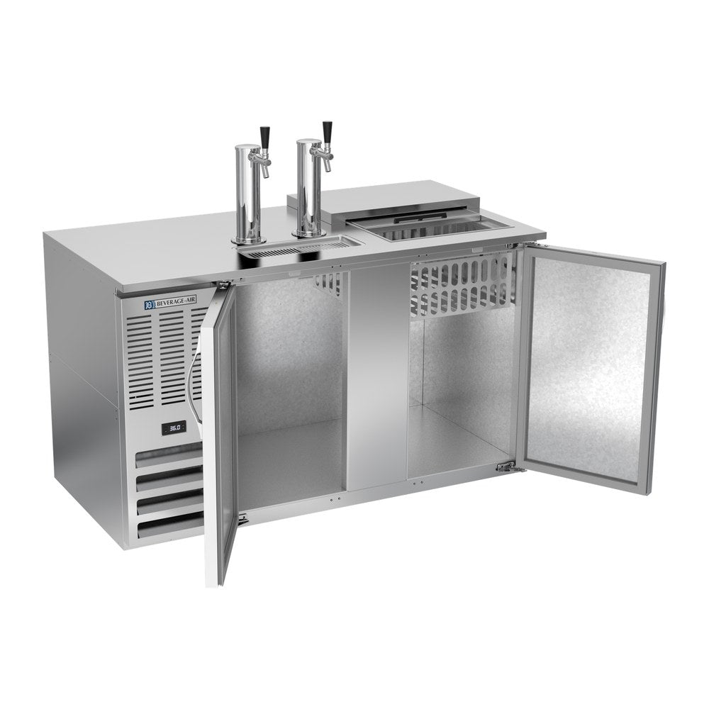 Beverage Air DD58HC-C-S 58" two solid doors beer dispenser, with the doors open showing the interior