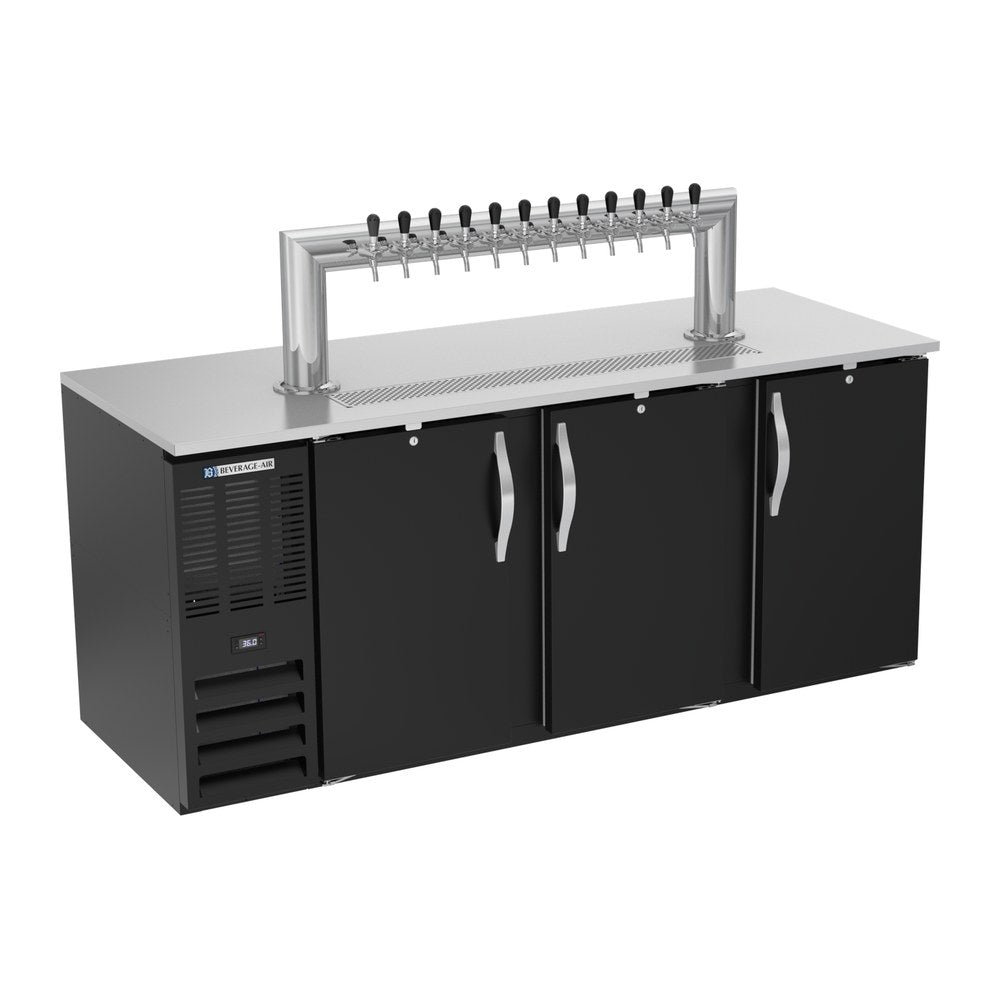 Beverage Air DD78HC-B-12T 78" three solid doors beer dispenser, front view, doors closed