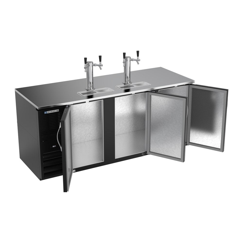 Beverage Air DD78HC-B 78" three solid doors beer dispenser, with the doors open showing the interior