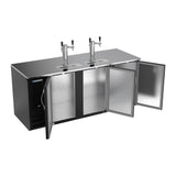 Beverage Air DD78HC-B 78" three solid doors beer dispenser, with the doors open showing the interior