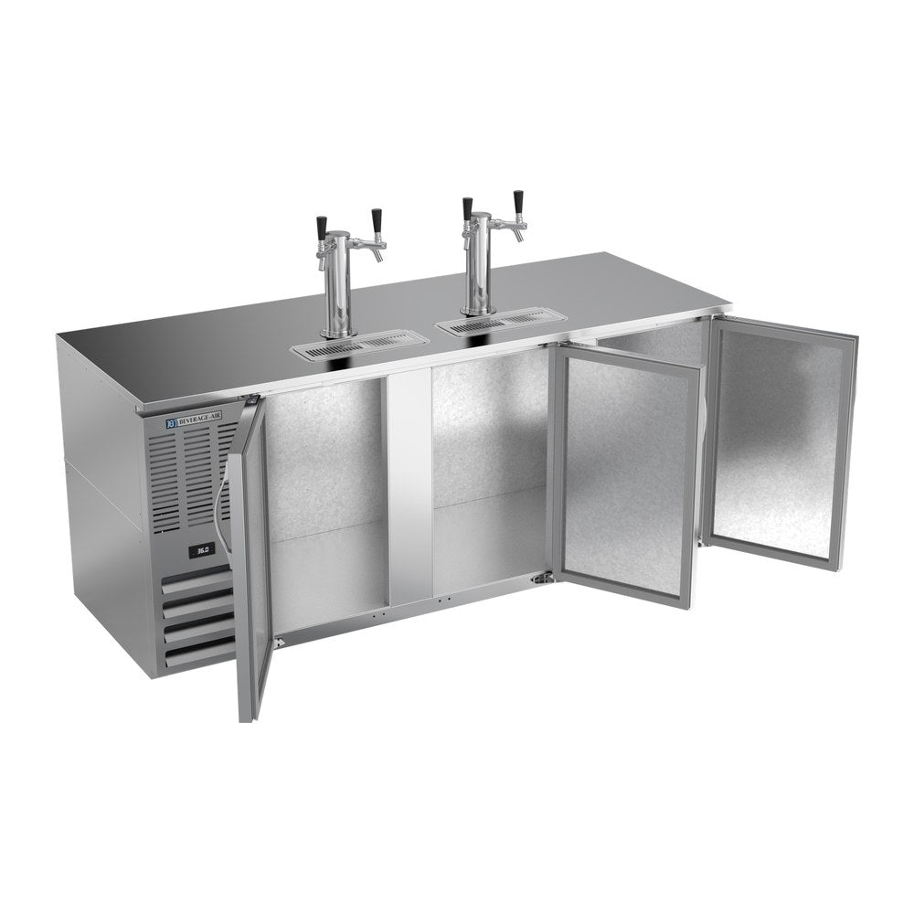 Beverage Air DD78HC-S 78" three solid doors beer dispenser, with the doors open showing the interior