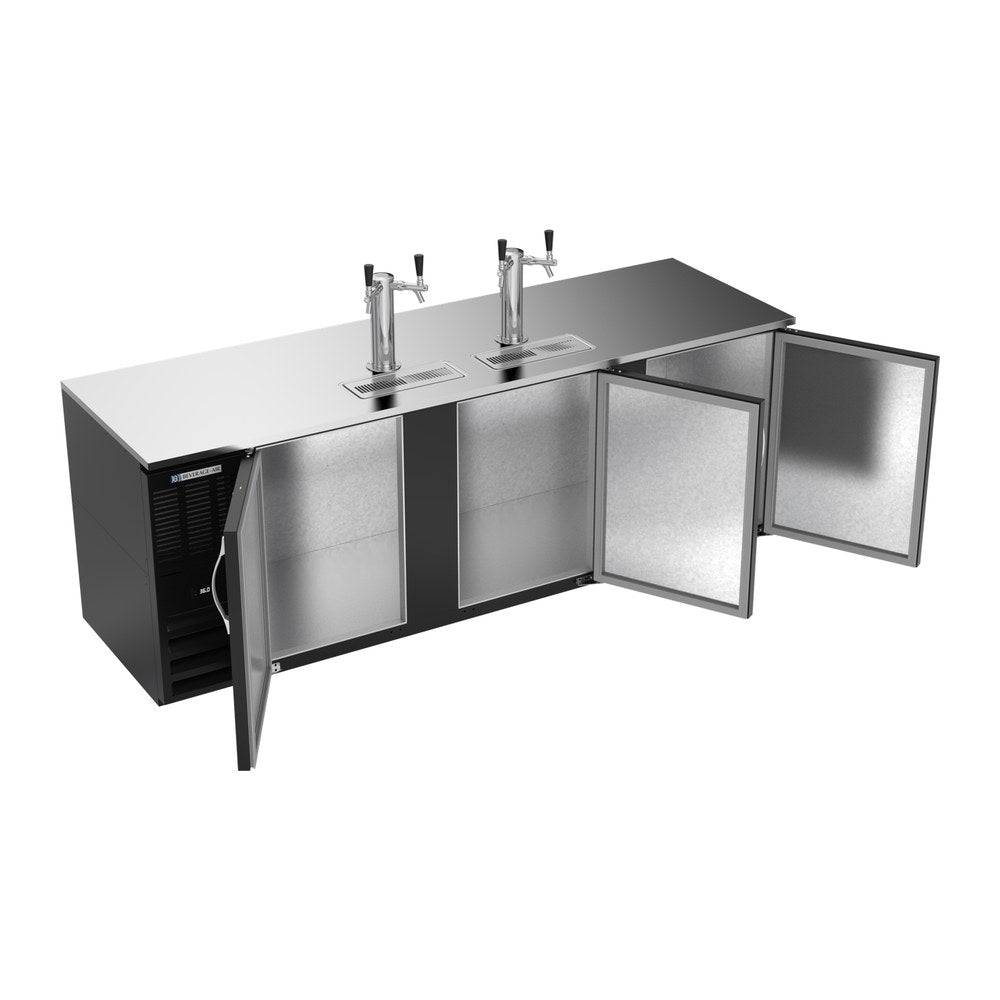 Beverage Air DD94HC-B 94" three solid doors beer dispenser, with the doors open showing the interior