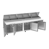Beverage Air DP119HC 119" four doors pizza prep table, with the doors open showing the interior