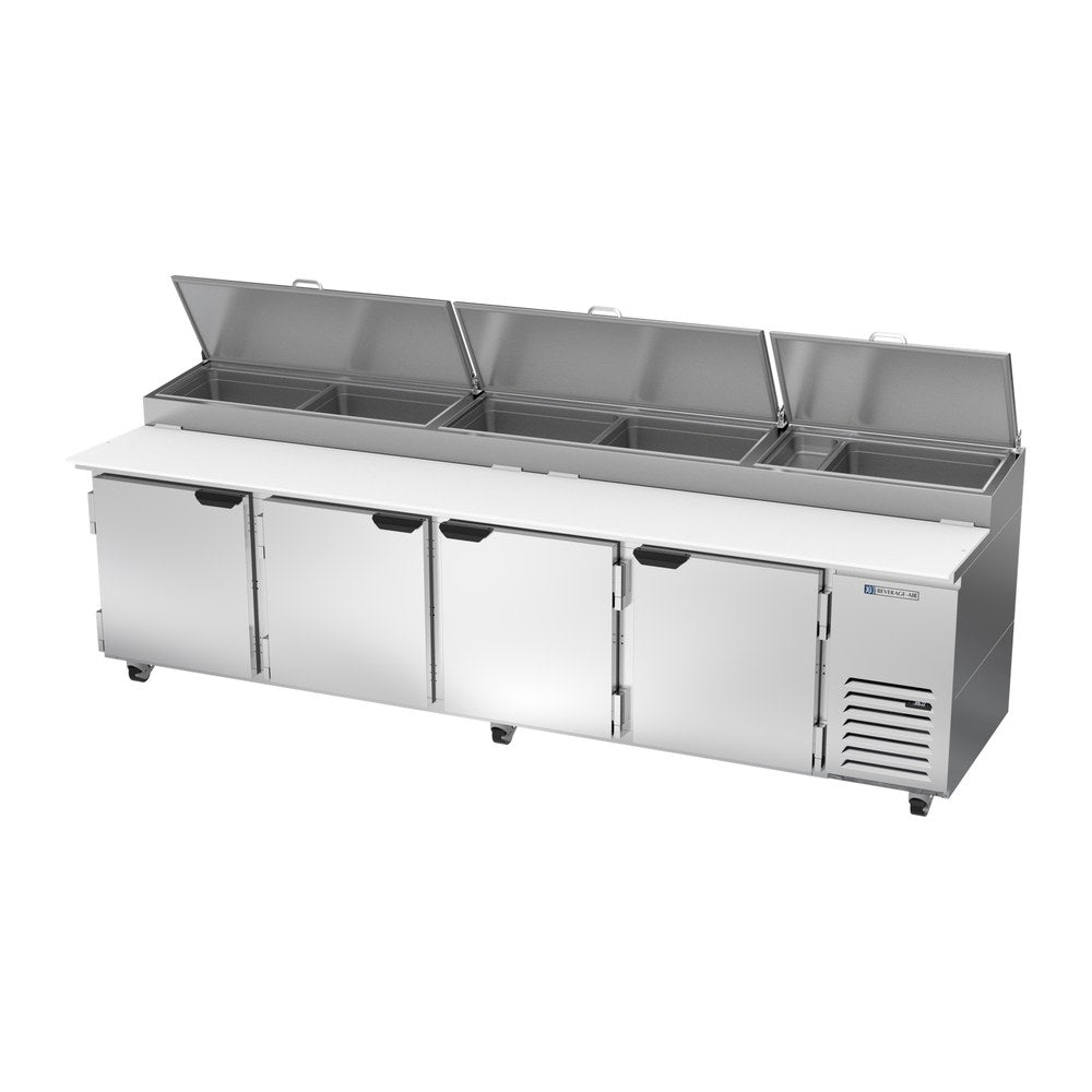 Beverage Air DP119HC 119" four doors pizza prep table, side angle view, doors closed