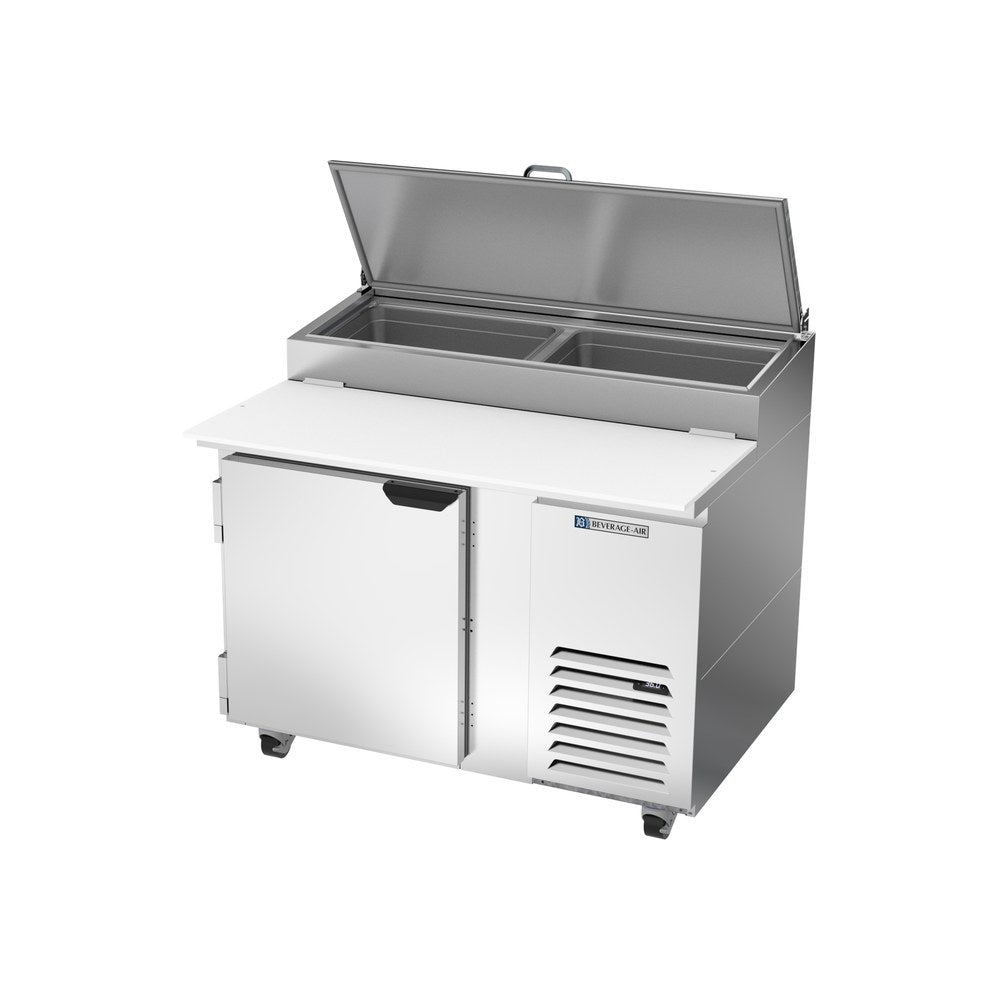 Beverage Air DP46HC 46" one door pizza prep table, side angle view, door closed