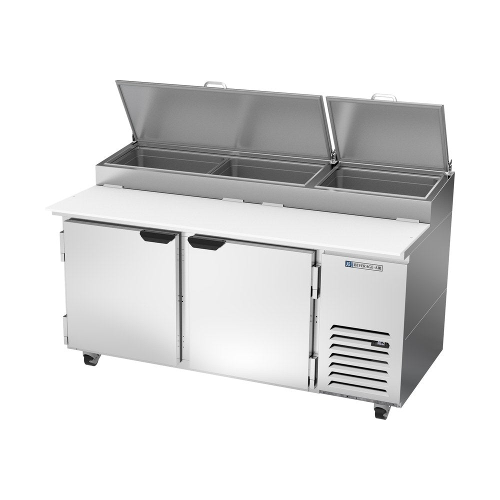 Beverage Air DP67HC 67" two doors pizza prep table, side angle view, doors closed