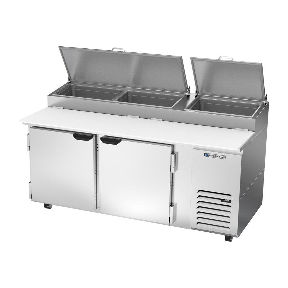 Beverage Air DP72HC 72" two doors pizza prep table, side angle view, doors closed